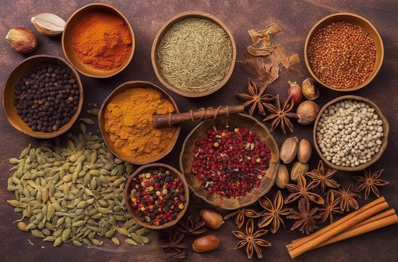 中式菜肴传统调味品香料调料桂皮八角辣椒粉孜然粉花椒辣椒茴香,高清,摄影图,摄影图片,图片大全,摄影图免费下载